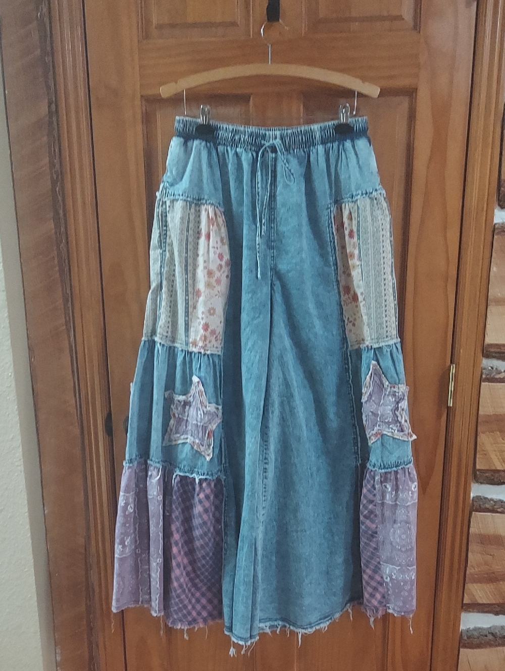 Boho Patchwork Denim Wideleg Pants in Blue with Purple Accents